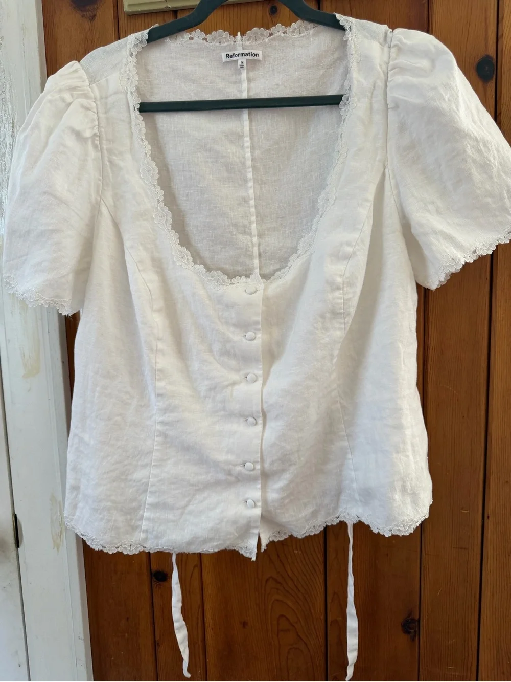 Reformation White Linen Lace-Trim Puff Sleeve Blouse
